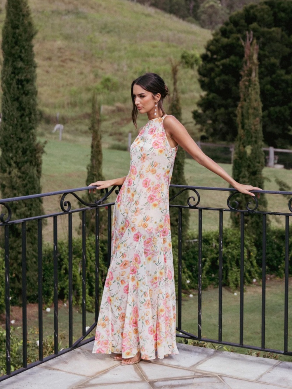 Petal & Pup Floral Maxi Dress in White with Pink and Yellow Roses